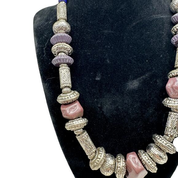Mix Media Artisan Silver and Purple Bead Chunky Statement Boho Necklace - Picture 2 of 7